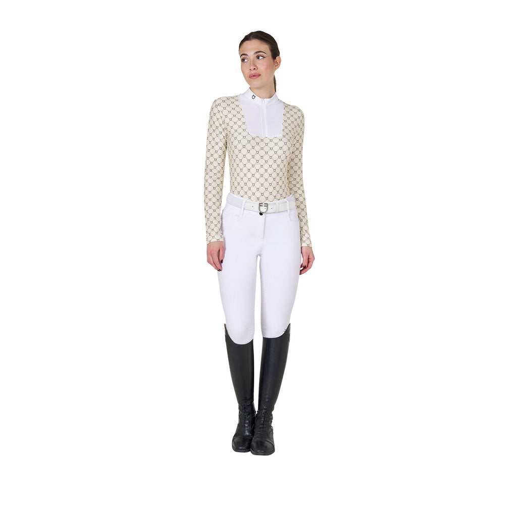 Women's long-sleeved competition polo shirt with monogram print