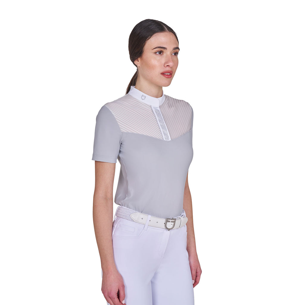 Women's slim fit competition polo shirt with silk-like fabric inserts