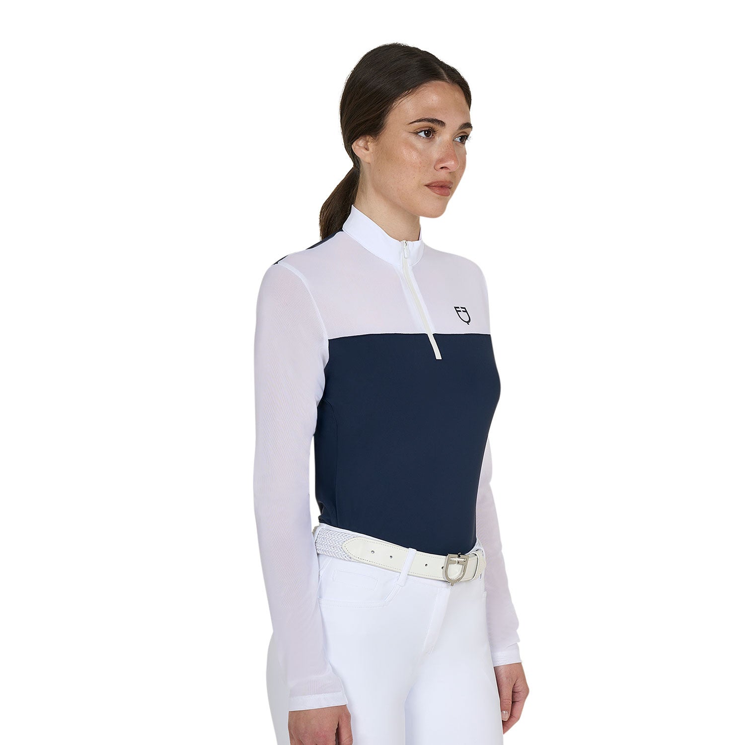 Equestro Women's long-sleeved competition polo shirt with micro-mesh inserts