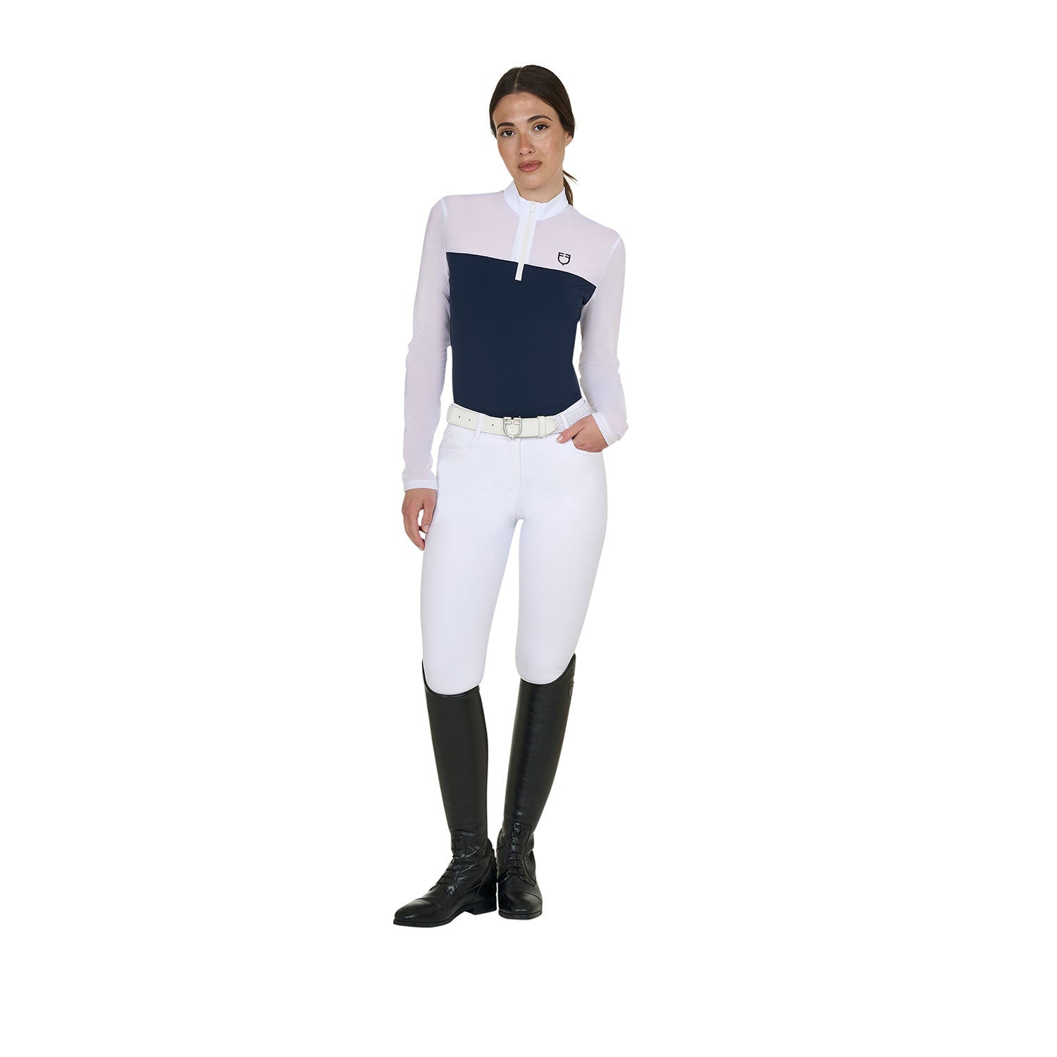Women's long-sleeved competition polo shirt with micro-mesh inserts