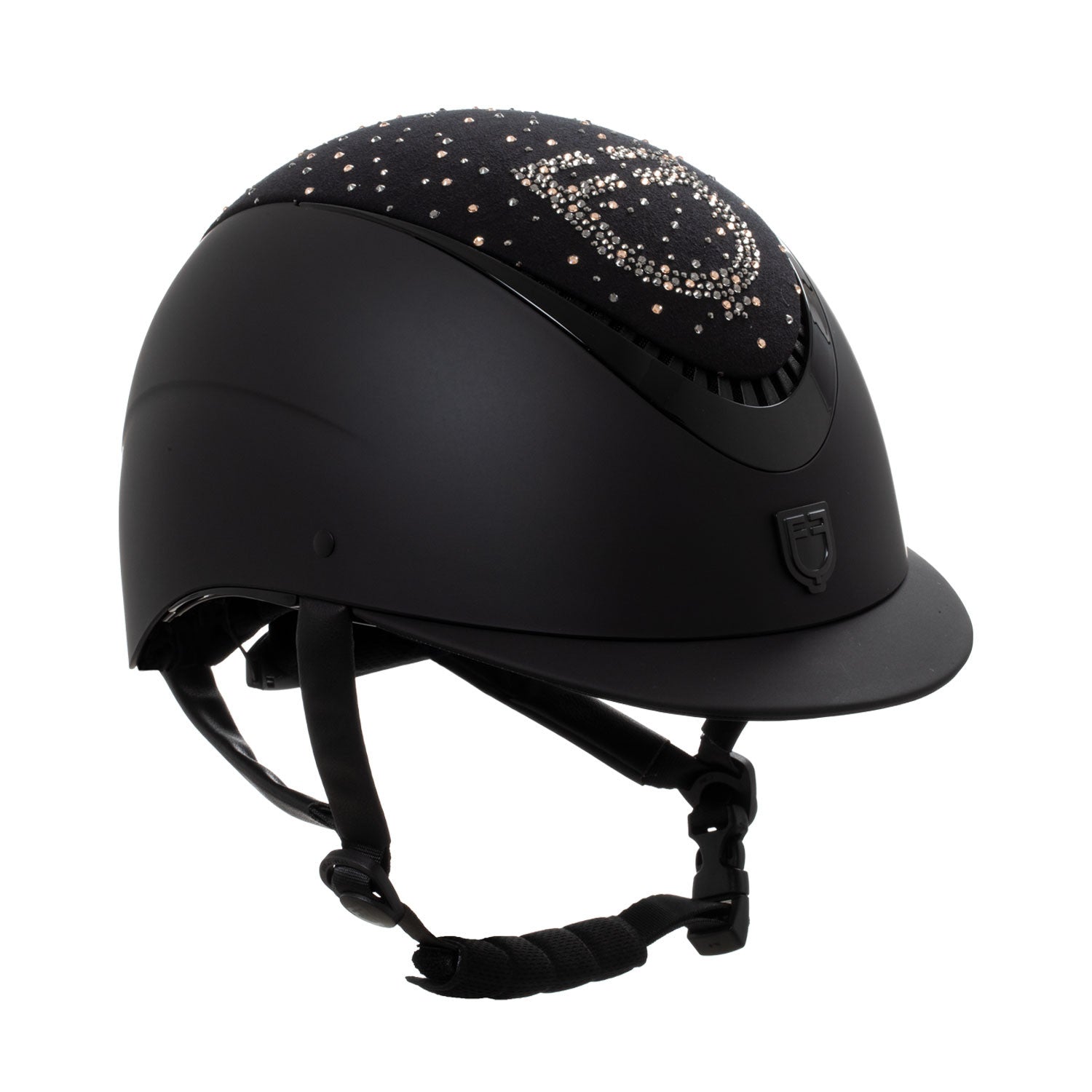 Matt helmet with narrow visor and rhinestone logo homologation EN 1384-2023