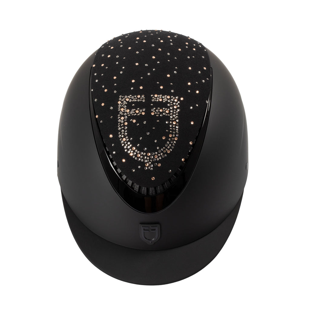 Matt helmet with narrow visor and rhinestone logo homologation EN 1384-2023