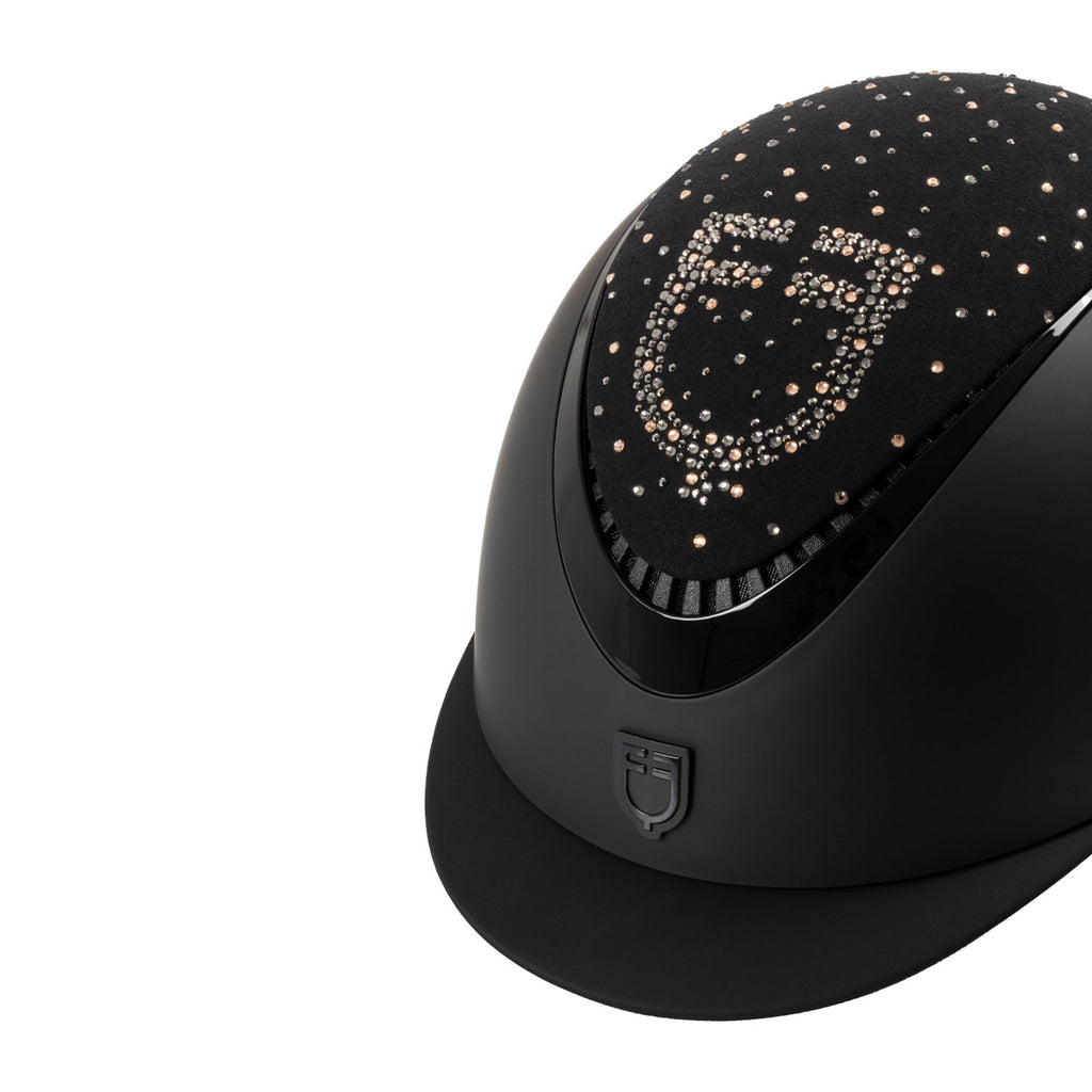 Matt helmet with narrow visor and rhinestone logo homologation EN 1384-2023