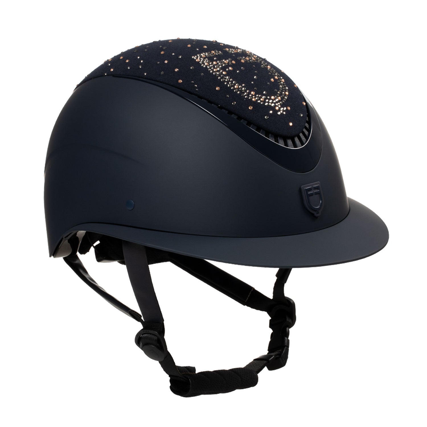 Matt helmet with wide visor and rhinestone logo homologation EN 1384-2023