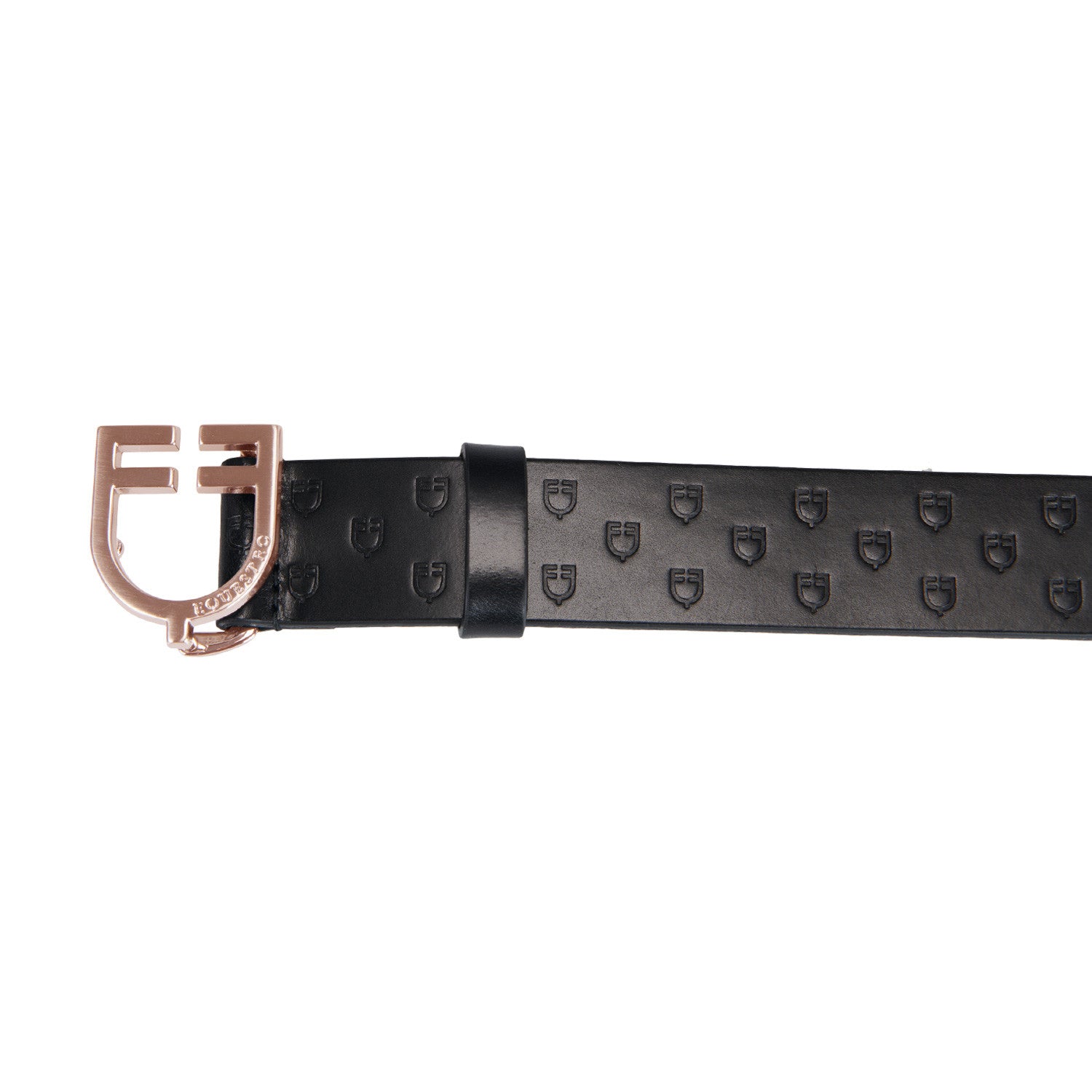 Black leather belt with logo and rose gold buckle