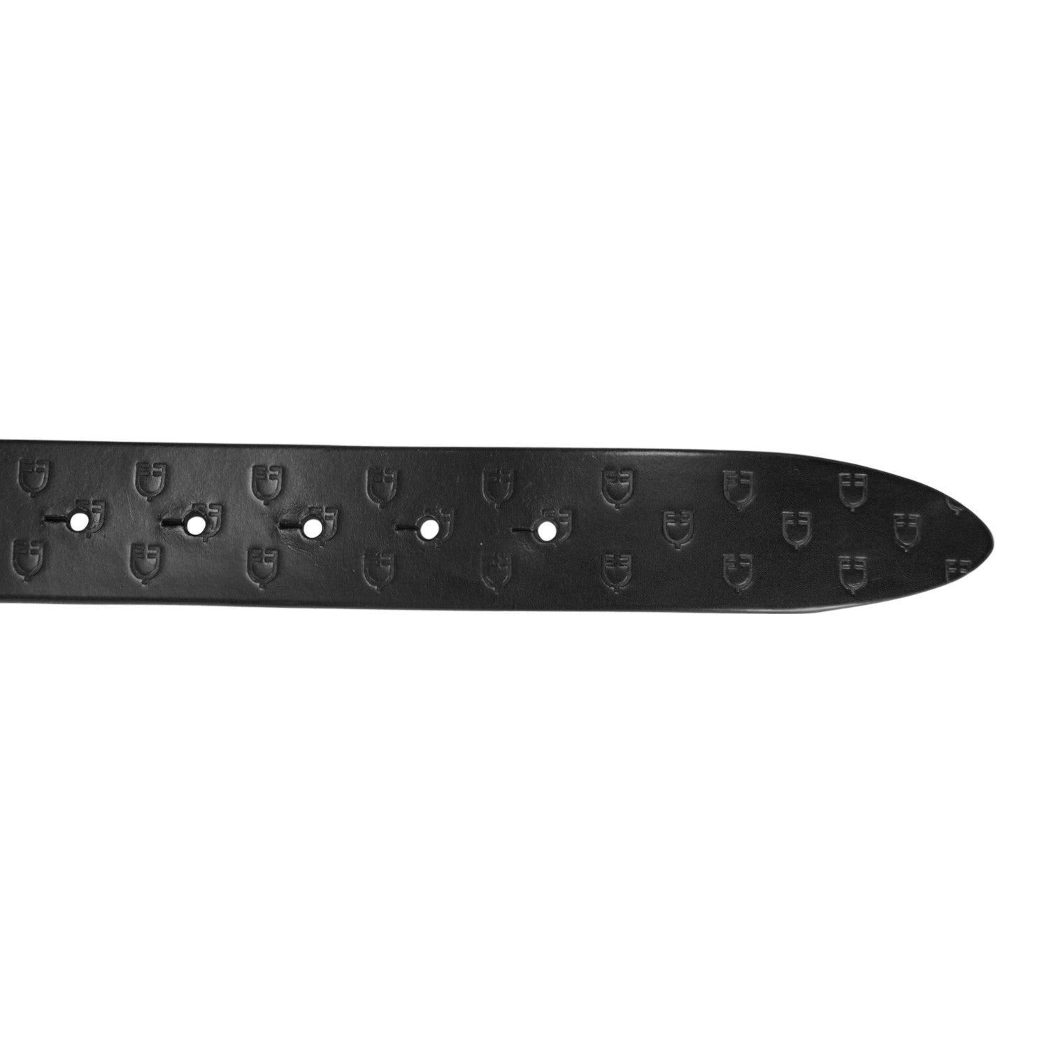 Black leather belt with logo and rose gold buckle