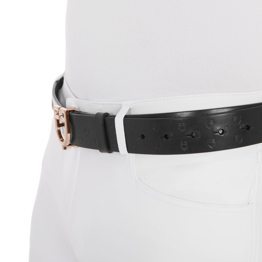 Black leather belt with logo and rose gold buckle