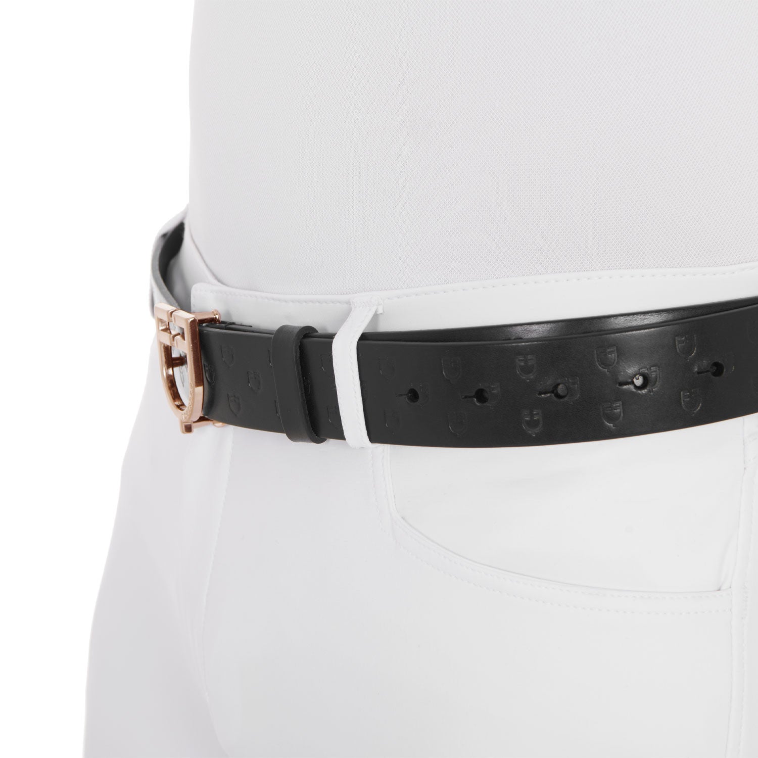 Black leather belt with logo and rose gold buckle