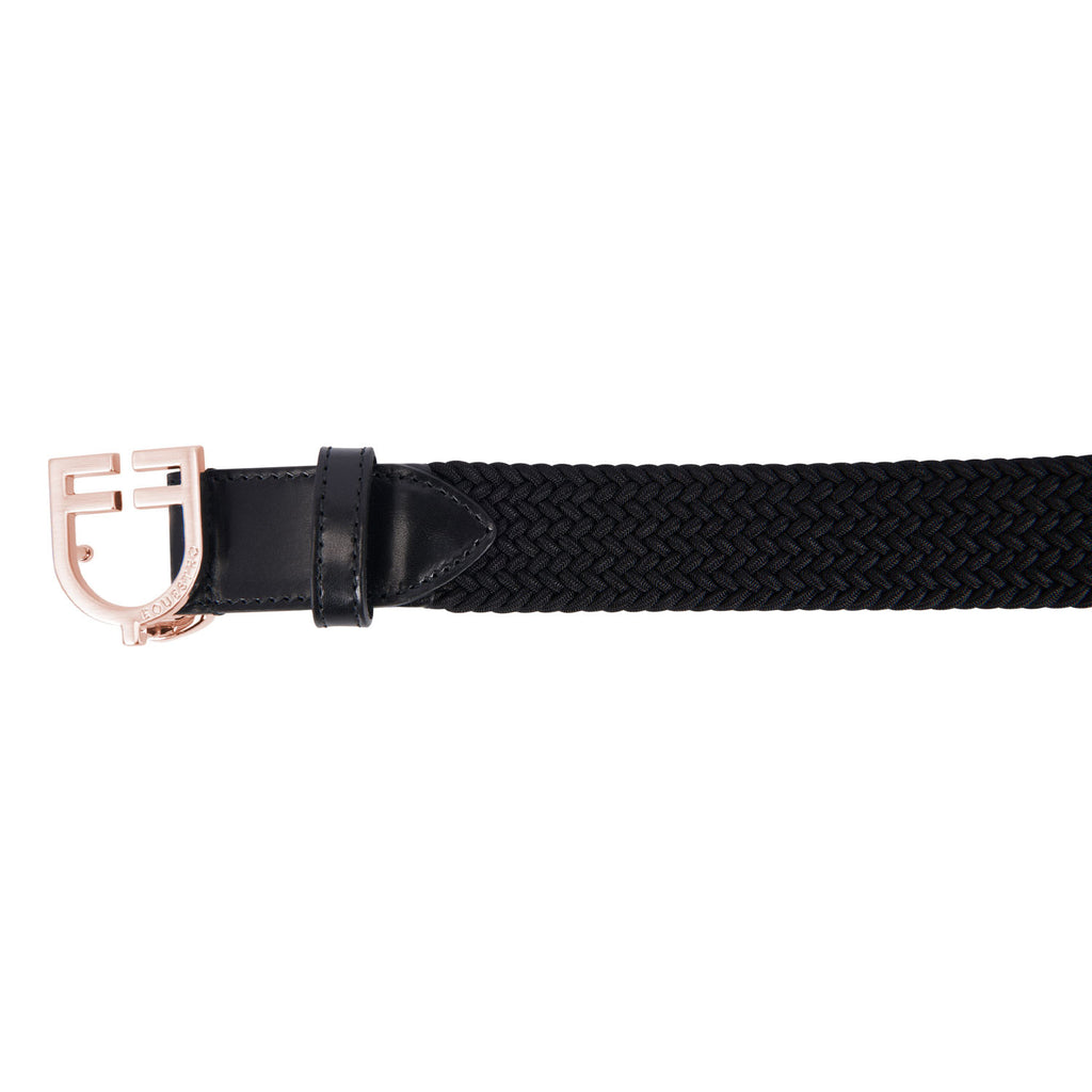 Leather elastic belt with rosegold logoed buckle