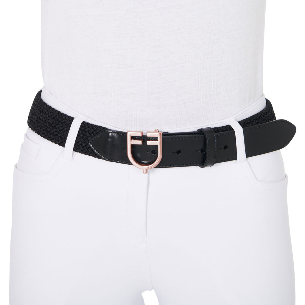Leather elastic belt with rosegold logoed buckle