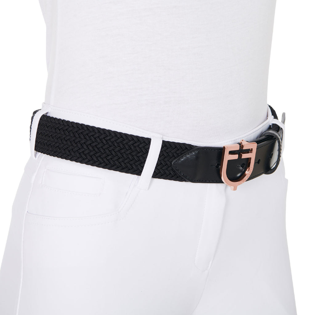 Leather elastic belt with rosegold logoed buckle