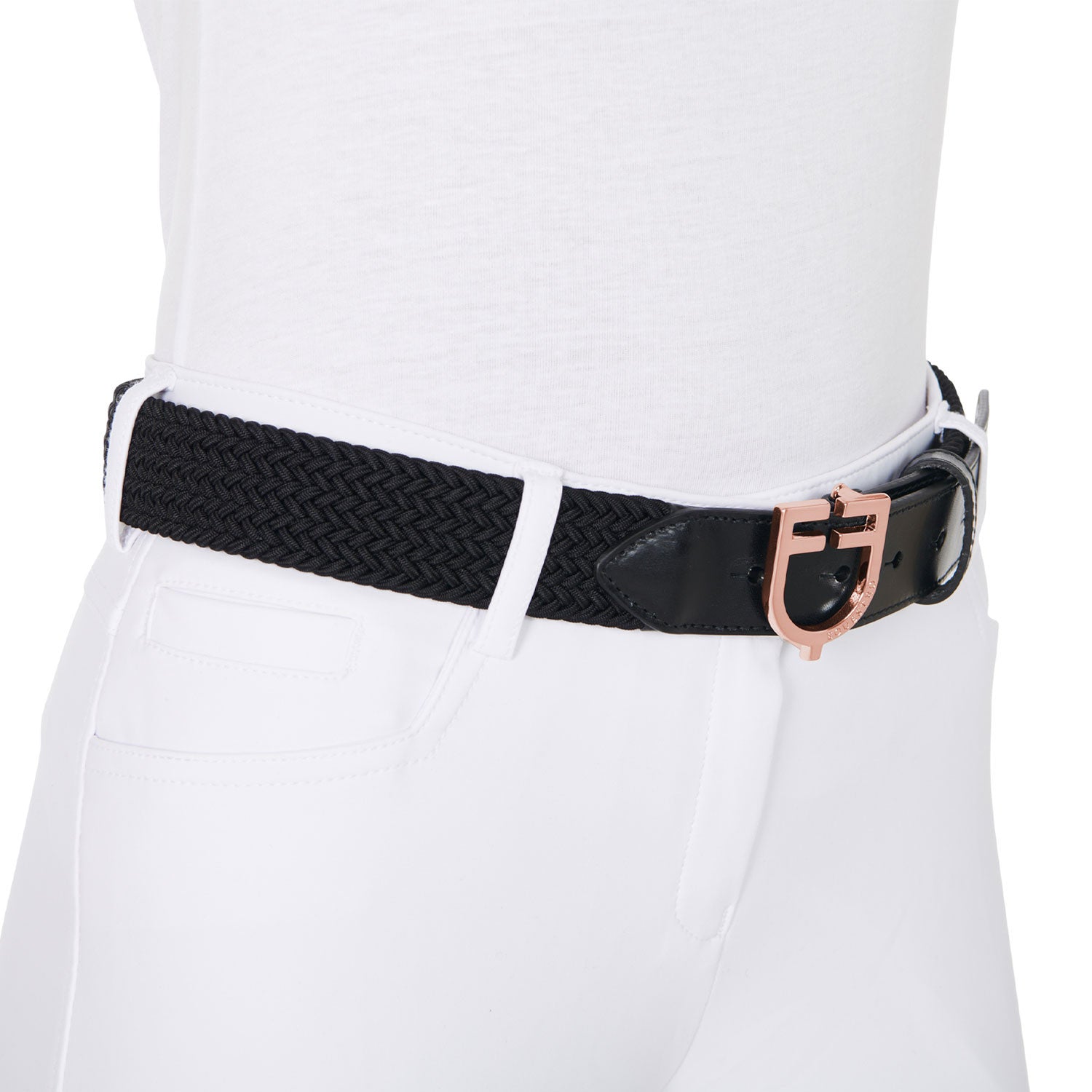 Leather elastic belt with rosegold logoed buckle