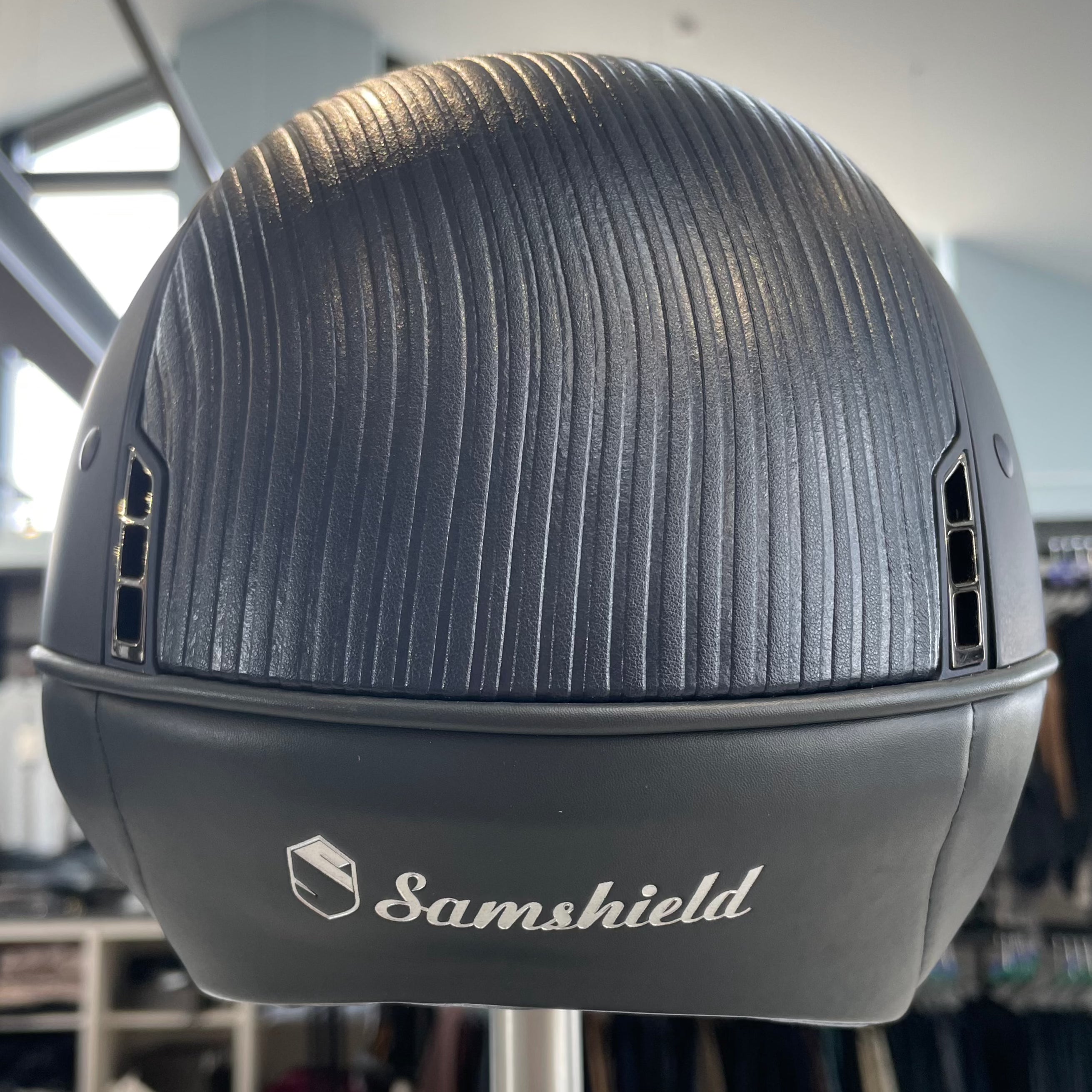 Samshield Shadowmatt 1.0 Blue leather top with chrome badge and matt trim S- in stock and ready to ship!