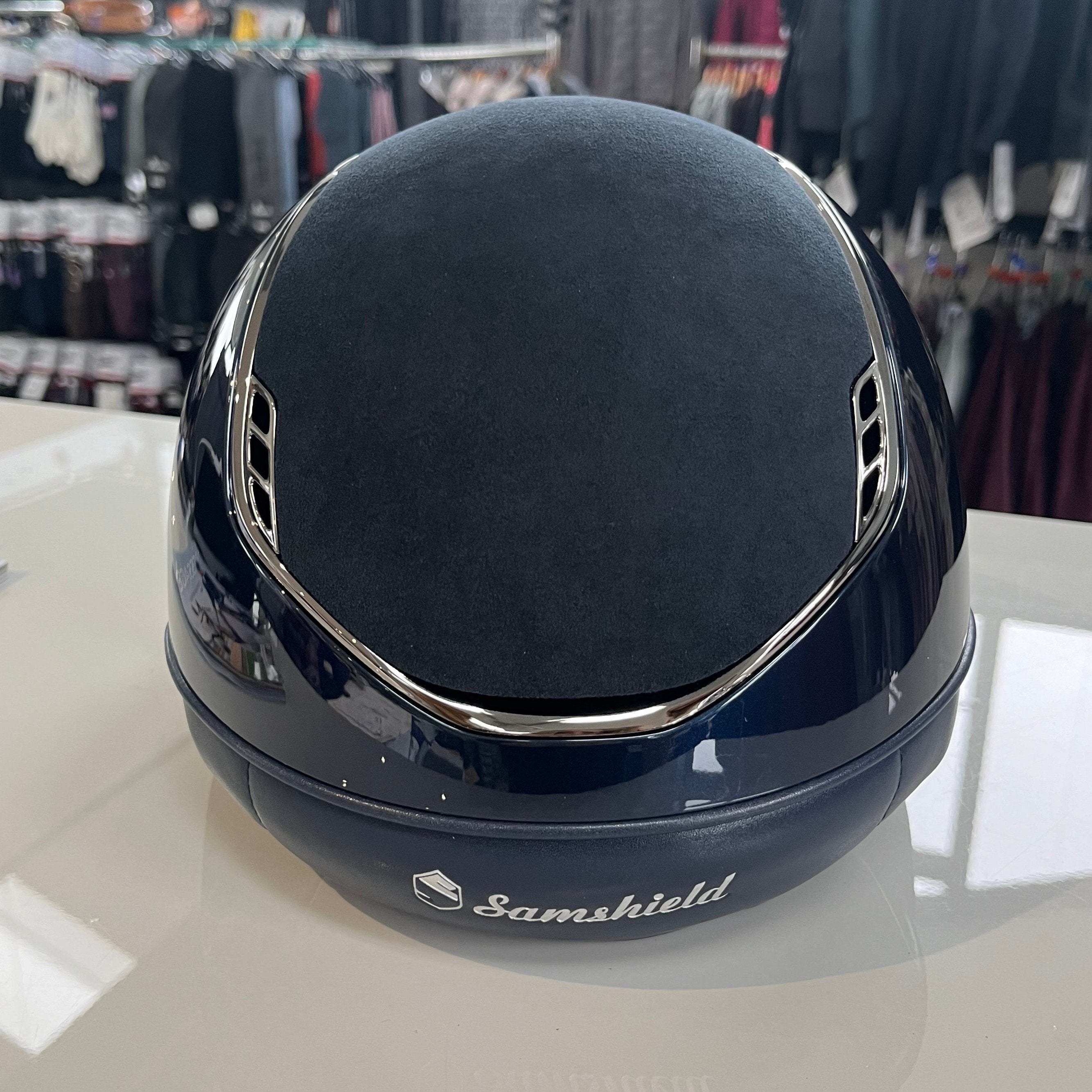 Samshield MissShield 2.0 Blue, chrome black with alcantara top, paradise shine badge and frontal band M - in stock and ready to ship!