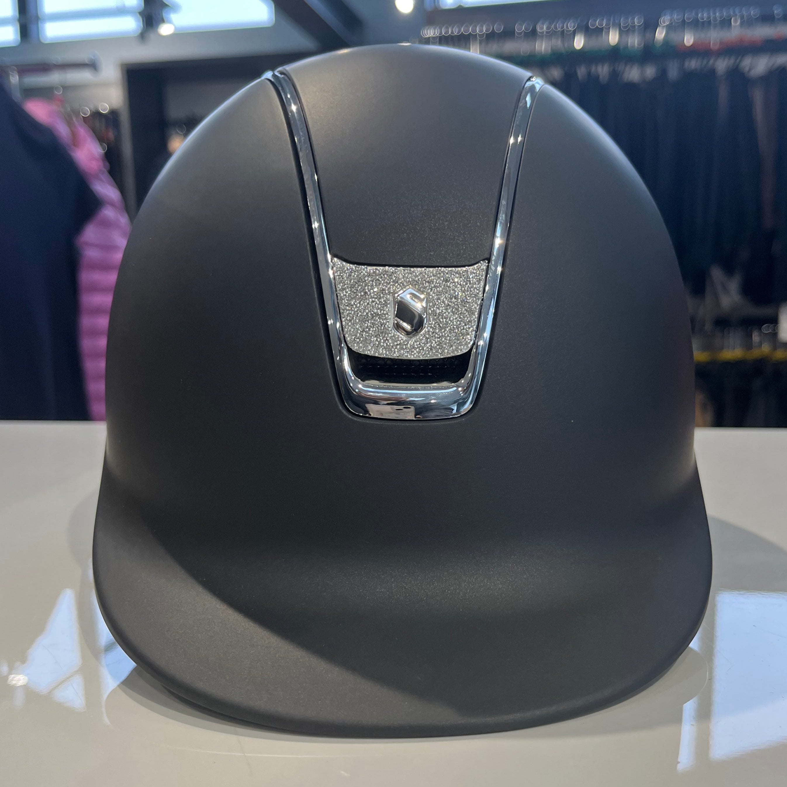 Samshield 2.0 Shadowmatt Black with silver chrome trim and silver swarovski crystal badge M- in stock and ready to ship!