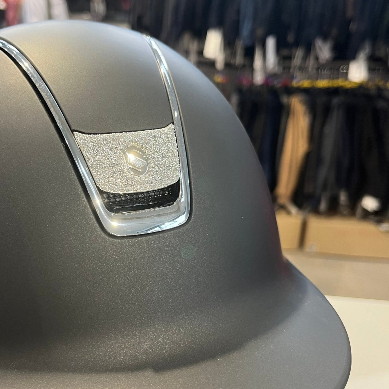 Samshield 2.0 Shadowmatt Black with silver chrome trim and silver swarovski crystal badge M- in stock and ready to ship!