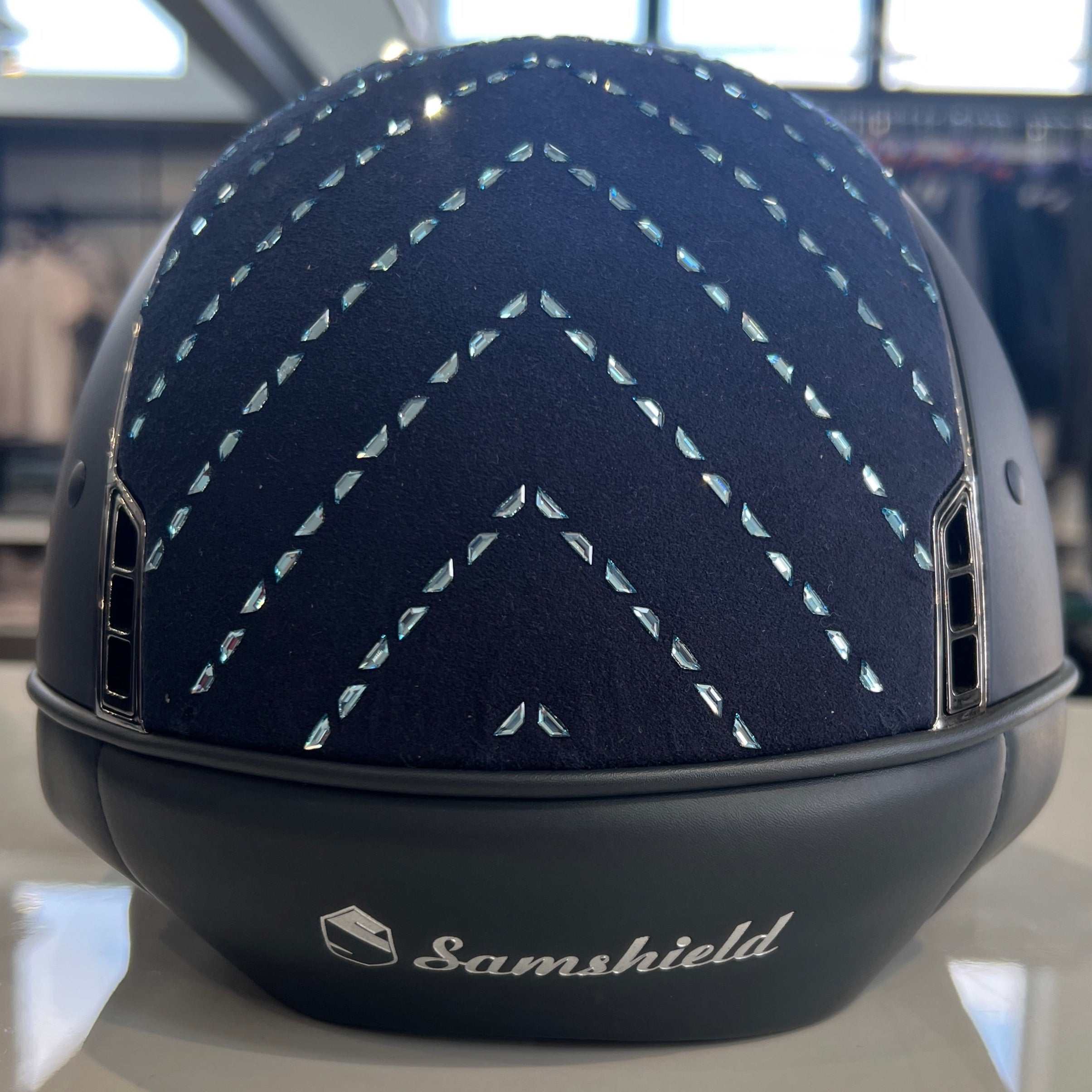 Samshield Shadowmatt 1.0 Navy with chevron blue crystal M- in stock and ready to ship!