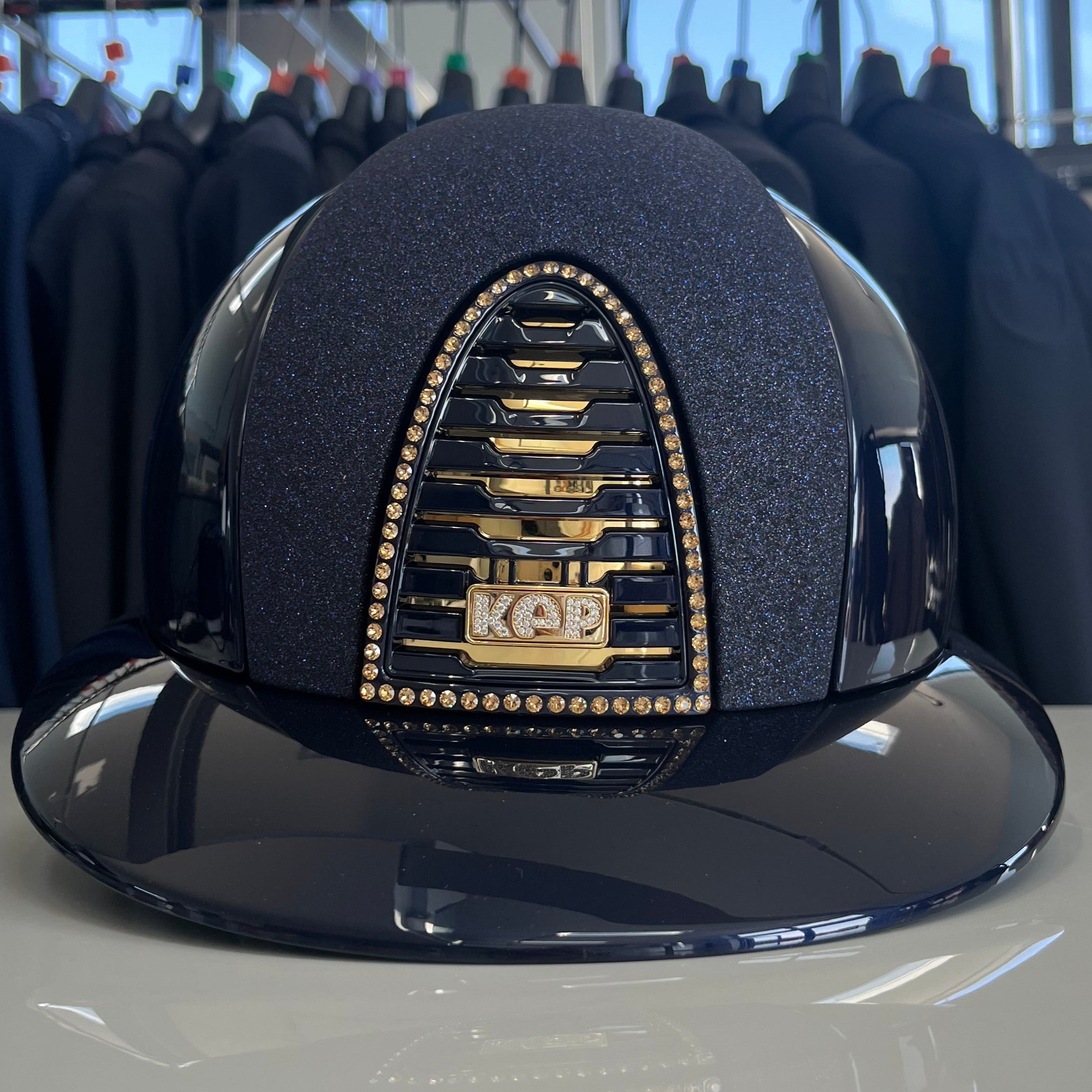 Kep Cromo2 Blue polish polo peak with crystal star fabric front, gold champagne crystal frame and glitter logo M- in stock and ready to ship!