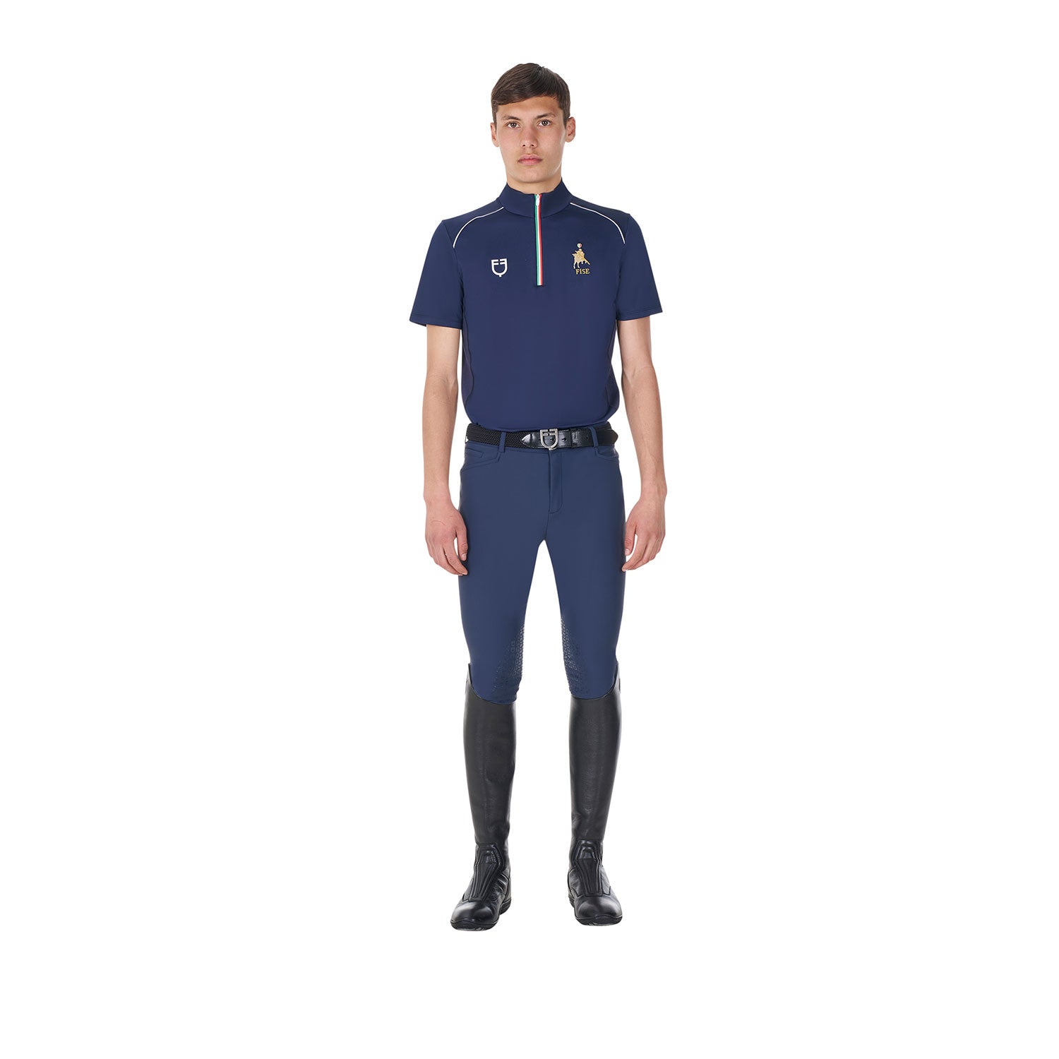 Men's training polo shirt with Italian flag zip Equestro X FISE