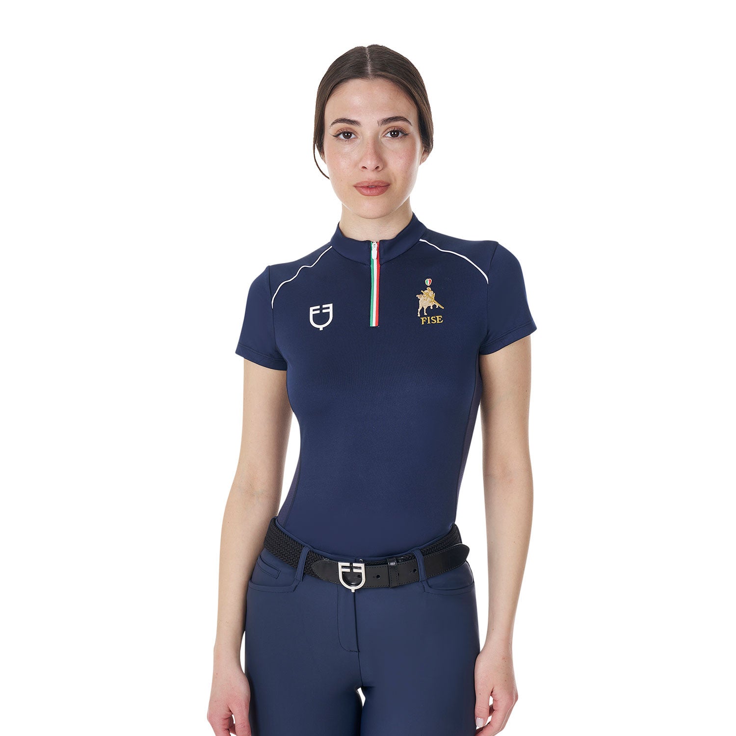 Equestro Women's training polo shirt with Italian flag zip Equestro X FISE