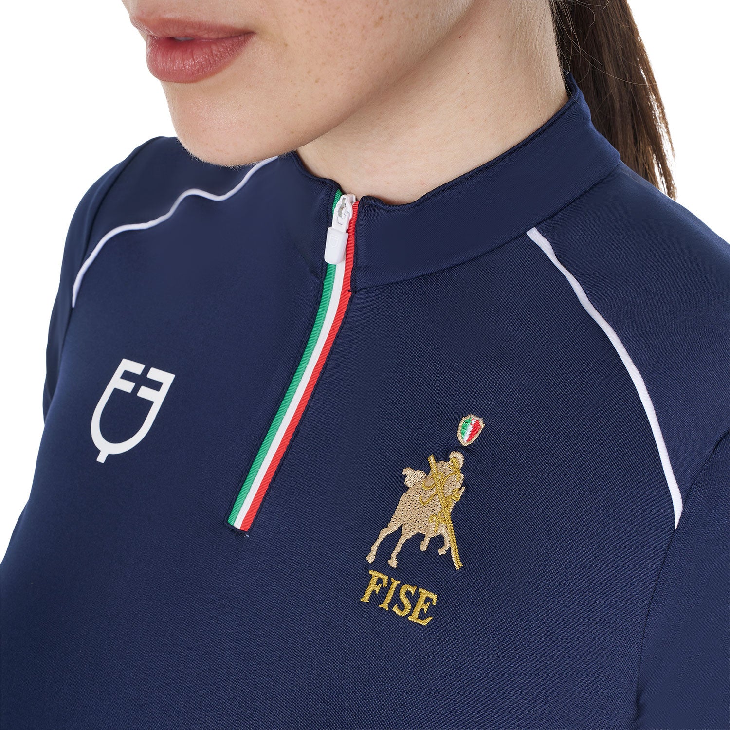 Women's training polo shirt with Italian flag zip Equestro X FISE