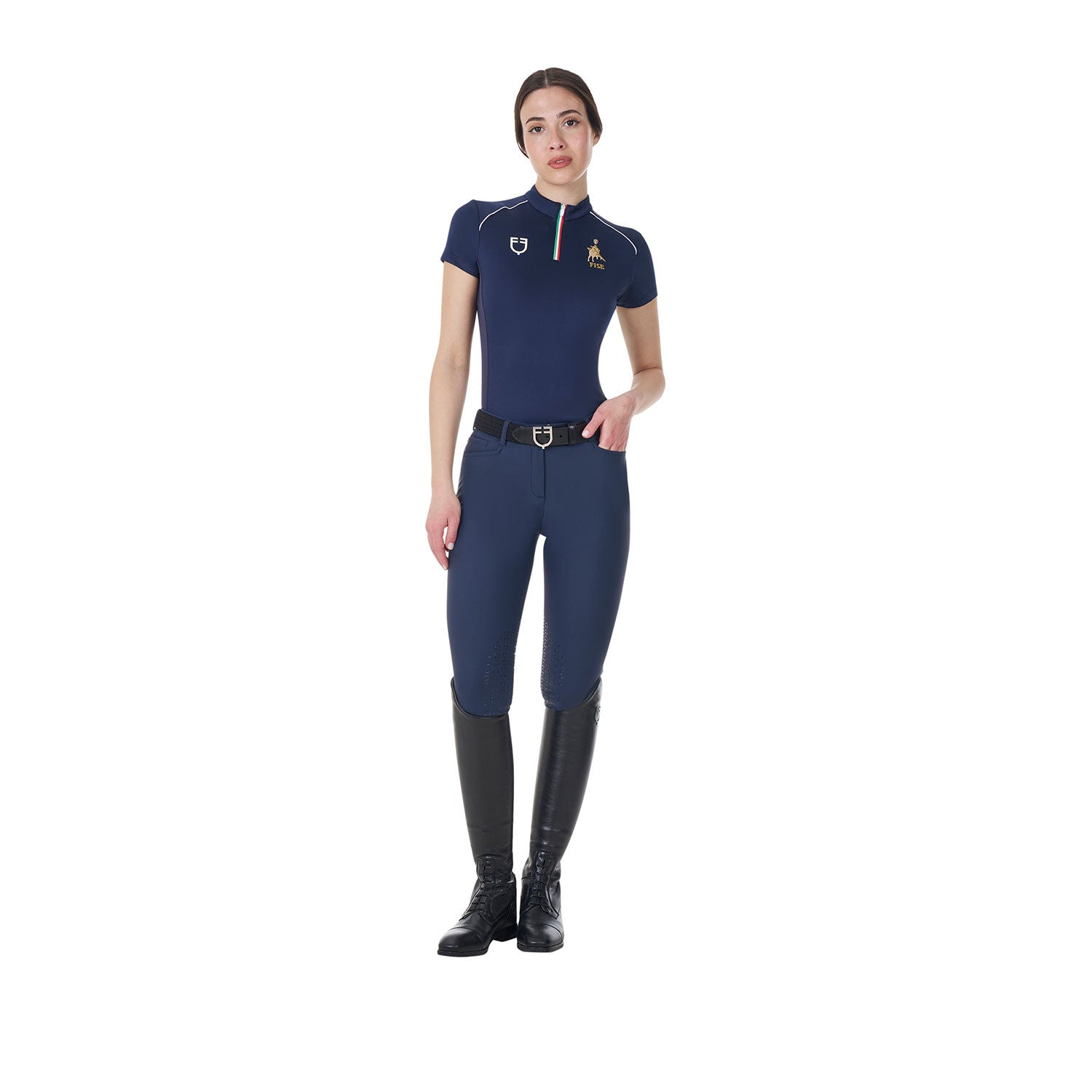 Women's training polo shirt with Italian flag zip Equestro X FISE